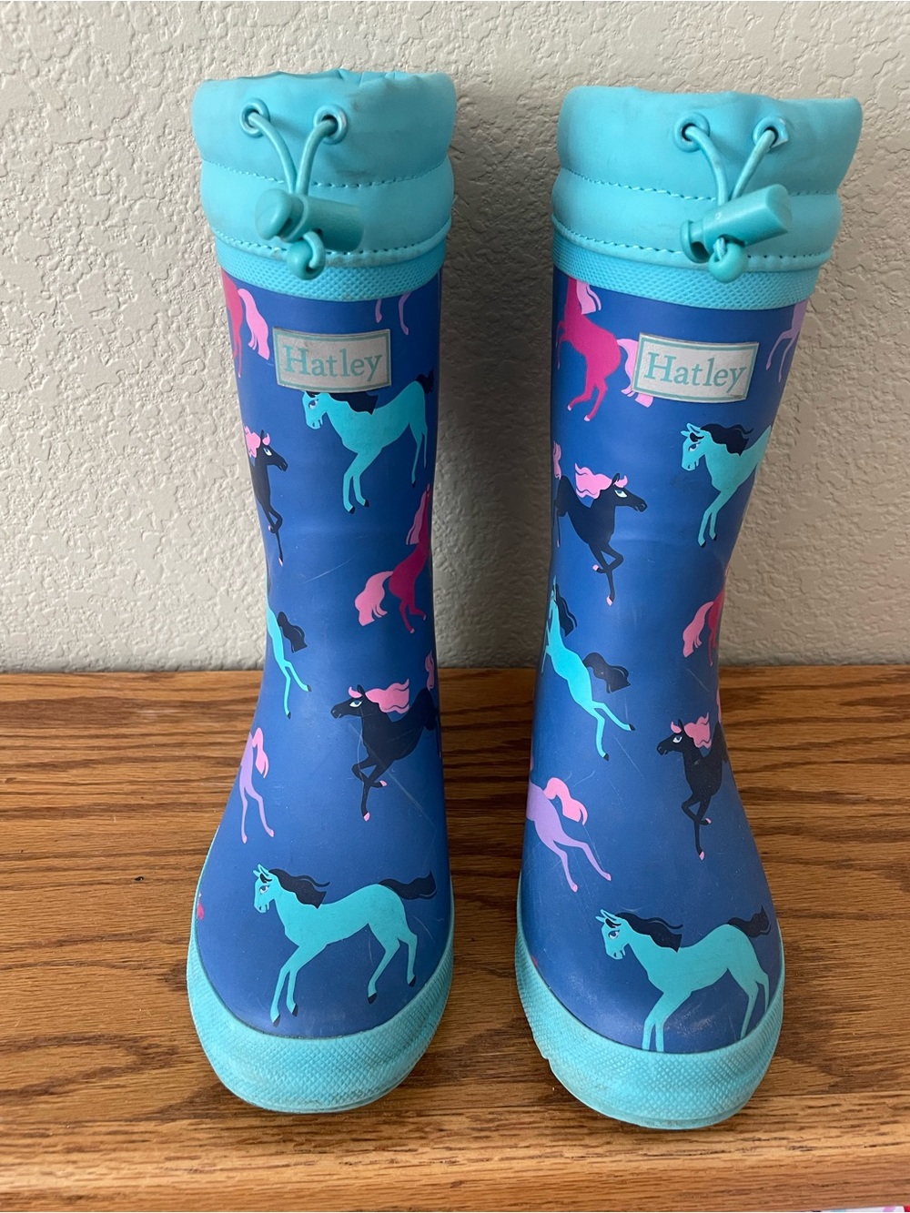 Hatley Blue Rain Boots with Teal, Pink & Black Unicorn Print